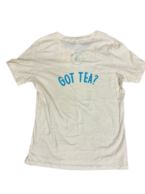 Beige t-shirt with 'GOT TEA?' text on a white background